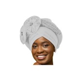 Șapcă cu șal, turban răsucit, cu flori din pietre strălucitoare și mărgele - Gri