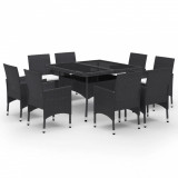 Set mobilier de grădină, 9 piese, negru, poliratan &amp; sticlă, vidaXL