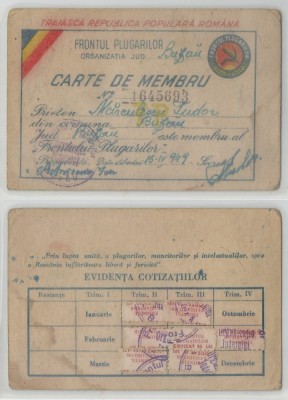 Romania, Carnet membru Frontul Plugarilor, Buzau, 1949 foto