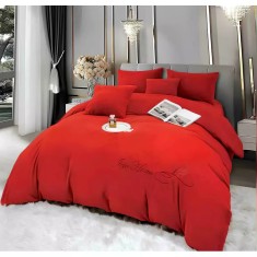 Lenjerie de Pat Brodate , Cearceaf cu Elastic, 6 Piese, Blană de Iepure Artificială cu Fir Scurt, Rosu - JOJ635