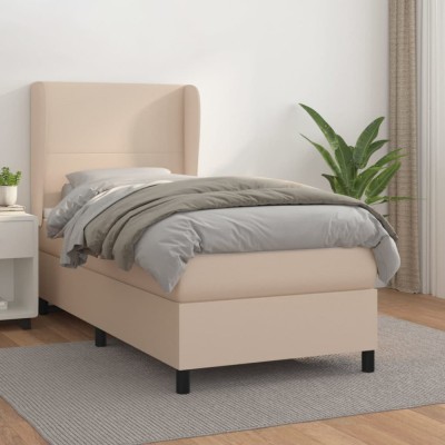 vidaXL Pat box spring cu saltea, cappuccino, 90x190 cm piele ecologică foto