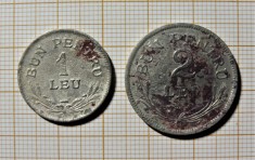 ROMANIA 1924 - Lot 2 Monede - "Bun pentru 1 Leu" și "Bun pentru 2 Lei", Poissy (374)