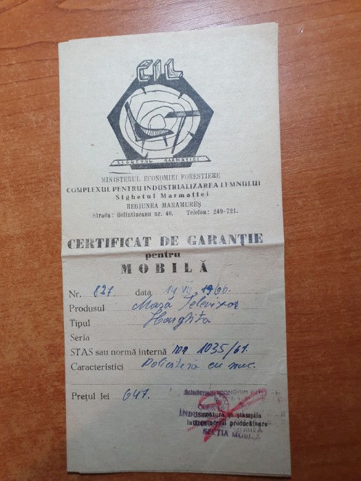 certificat de garantie pentru mobila din 14 iulie 1966 - sighetul marmatiei