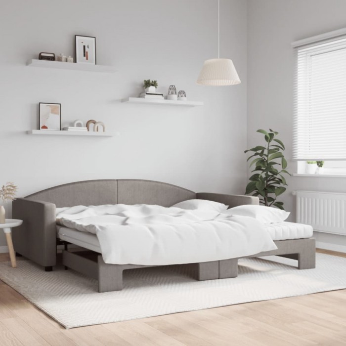 vidaXL Pat de zi cu extensie și saltele, gri taupe, 100x200 cm, textil 3197214