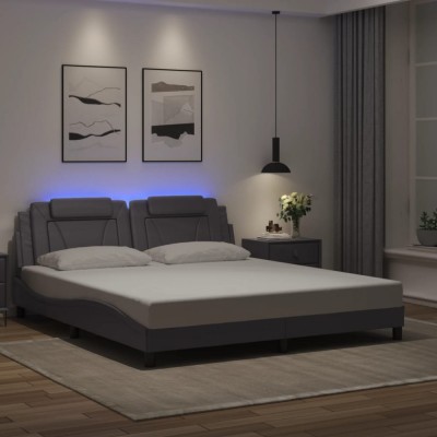 vidaXL Cadru de pat cu lumini LED, gri, 180x200 cm, piele ecologică 3214039 foto