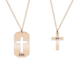 Credo - Set coliere personalizate pentru cuplu dog tag si cruciulita din argint 925 placat cu aur roz
