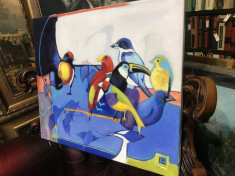Tablou abstract pictat manual ulei pe panza Peisaj abstract multicor cu papagali foto