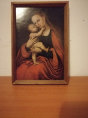 Tablou reproducere hartie pe placaj lemn Madonna si copil 26x18 cm foto