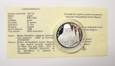 BNR - 100 LEI 1998 . ANDREI SAGUNA . ARGINT . CU CERTIFICAT SI PLIANT .