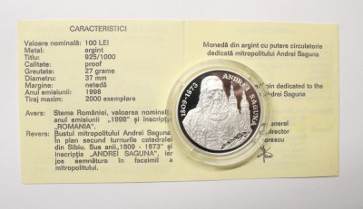BNR - 100 LEI 1998 . ANDREI SAGUNA . ARGINT . CU CERTIFICAT SI PLIANT . foto