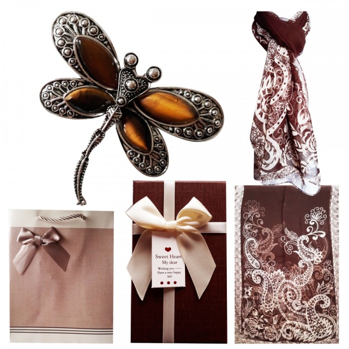 Pachet cadou Valentine s Day, brosa libelula cu pietre ochi de tigru si esarfa Pachet cadou Valentine s Day, brosa libelula cu pietre ochi de tigru si esarfa