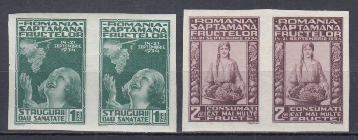 ROMANIA 1934 LP 109 a SAPTAMANA FRUCTELOR PERECHE SERII NEDANTELATE STARE MNH
