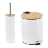 Set accesorii de baie, 2 piese, perie WC si cos de gunoi, Metal/Bambus, Alb/Bej