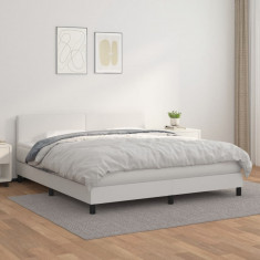 vidaXL Pat box spring cu saltea, alb, 160x200 cm, piele ecologică