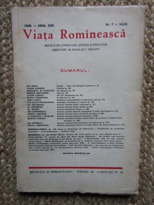 VIATA ROMANEASCA 1938 ANUL XXX NR 7-IULIE