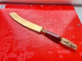 H197-Stilet- Cutit de birou vechi Idalko Germania cu Zeita India si Elefant basorelief model iatagan cu lama lata ascutita nickel bronzuit.