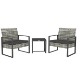 Outsunny Salon de jardin 3 piese 2 scaune cu perne + masă de cafea cu blat din sticlă securizată rășină tress&eacute;e gri deschis | Aosom Romania
