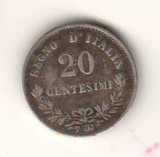 SV * Italia 20 CENTESIMI 1865 * ARGINT * Regatul Italiei - Vittorio Emanuele * VF +patina, Europa