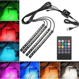 , , , , , , , Kit iluminare ambientala auto cu benzi LED RGB, interior masina, 4 benzi, 48 leduri, senzor muzica, multicolor, 12V, cu telecomanda