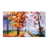 Tablou peisaj pictat manual, La plimbare cu catelul, 100x60cm ulei pe panza in cutit, gata de expus pe perete