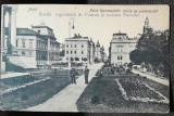 Carte postala, Arad, Scoala superioara de Comert si vederea Parcului, 1918
