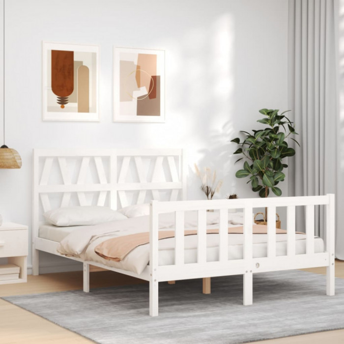 vidaXL Cadru de pat cu tăblie, dublu, alb, lemn masiv