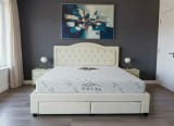 Pat 180x200 cm Crem Terasino cu 4 Sertare, Tapitat Catifea Velvet, Somiera Inclusa. Pat Dormitor Modern cu Spatii Depozitare