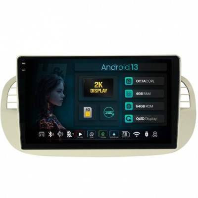 Navigatie 2K Fiat 500 2007-2014 4GB RAM Android 13 Octacore Slot Sim 4G DSP GPS Wi-FI Carplay Android Auto USB Bluetooth Waze Touchscreen 9.5 Inch foto