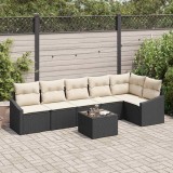Cumpara ieftin Set de dining pentru grădină , 7 piese, cu perne, negru, din rattan poliester