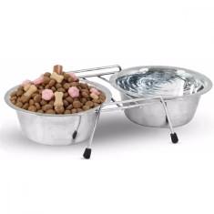 Set 2 Boluri Hrana pentru Caini cu Suport, Otel inoxidabil, 44x8.5cm, 1600ml foto