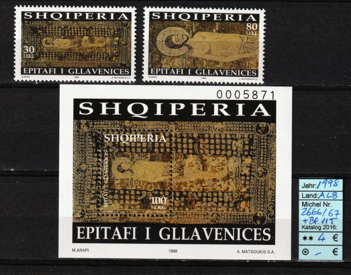 Albania, 1998 | Acoperăm&acirc;nt Altar - Epitaf Gllavenica | Serie + coliţă MNH | aph