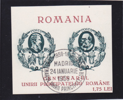 EXIL,ROMANIA-SPANIA,CENTENARUL UNIRII PRINCIPATELOR 1959 BLOC NEDANT. STAMPILAT foto