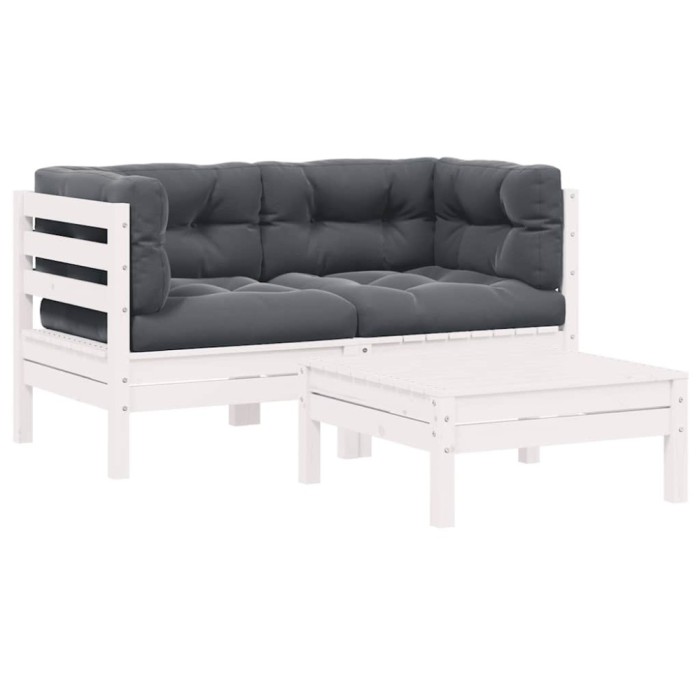 vidaXL Set mobilier de grădină cu perne, 3 piese, alb, lemn masiv pin 806677