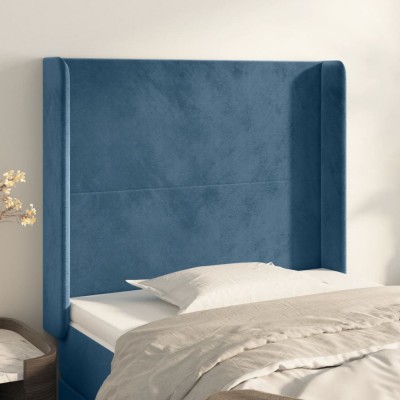 vidaXL Tăblie pat cu urechi albastru &amp;icirc;nchis 103x16x118/128 cm catifea 3119346 foto