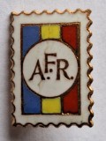 AFR - Asociatia filatelistilor din Romania insigna sub forma de timbru anii 1970