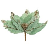 Floare decorativa de Craciun catifelata, verde menta cu glitter sampaniu si paiete, cu clips, 26 cm, CMCLASS