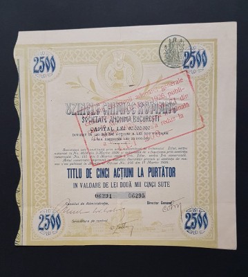 Actiune 1920 Uzinele chimice romane / titlu 5 actiuni la purtator foto