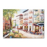 Tablou peisaj citadin pictat manual, Impreuna pe aleea florilor, stilizat, 70x50cm ulei pe panza, Magistral