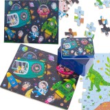 Puzzle din Lemn 100 de Piese 2 in 1, Dinozauri cu Cifre si Cosmos, Cutie Metalica Depozitare Inclusa, 28.5 x 22.5 cm, Multicolor