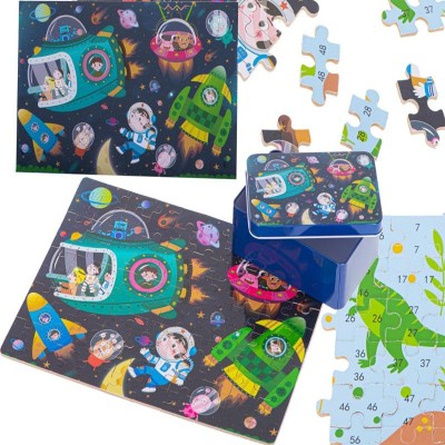 Puzzle din Lemn 100 de Piese 2 in 1, Dinozauri cu Cifre si Cosmos, Cutie Metalica Depozitare Inclusa, 28.5 x 22.5 cm, Multicolor foto
