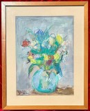 Luciano Albertini 1965 Tablou Natura Statică cu Flori, Pictura tehnică mixtă, inramat 43x53cm și Certificat Autenticitate, Tempera, Altul