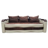 Cumpara ieftin Canapea Extensibila MP Simona 225 cm, Maro/Crem, Stofa Catifelata si Piele Ecologica, Lada Depozitare, 3 Perne Decorative