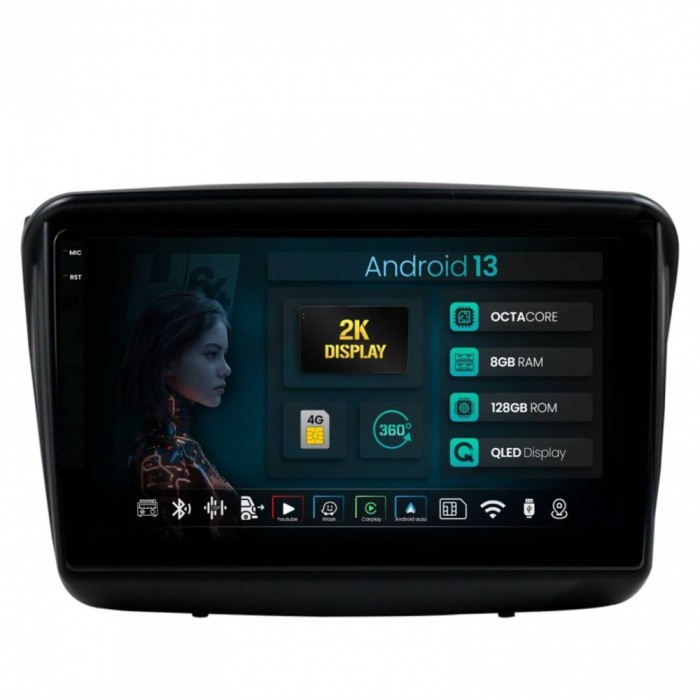 Navigatie 2K Mitsubishi L200 Pajero Sport 8GB RAM Android 13 Octacore Slot Sim 4G DSP GPS Wi-FI Carplay Android Auto USB Bluetooth Waze Touchscreen 9.