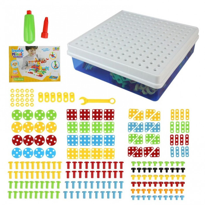 Joc educativ Montessori, puzzle mozaic, cu suruburi, saibe 234 piese