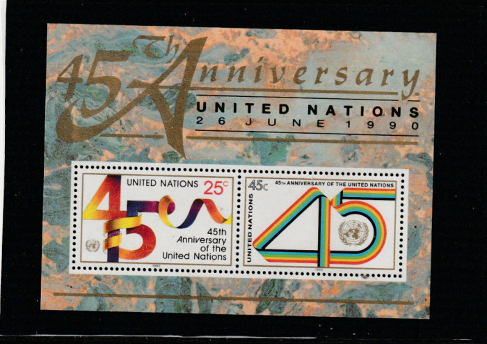 Natiunile Unite New York 1990-UN a 45-a aniversare,bloc 2 val.,dant,MNH,Mi.Bl.11