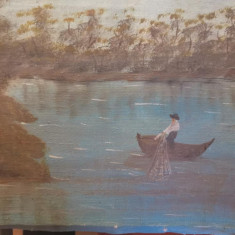 tablou Pescarul, artist basarabean, semnat in chirilica, ulei pe panza