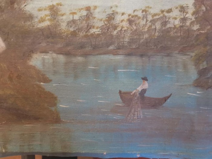 tablou Pescarul, artist basarabean, semnat in chirilica, ulei pe panza