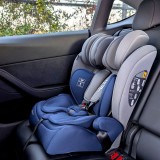 Scaun Auto Copii Juju Safe Rider i-Size, 76-150cm, 15 luni - 12 ani, Gri-Bleumarin, Tetiera &amp; Protectie Laterala, Montare Centura