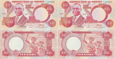 2 x 2004 , 10 naira ( P-25g.2 ) - Nigeria - stare UNC Serie consecutiva ! foto