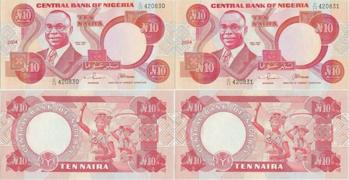 2 x 2004 , 10 naira ( P-25g.2 ) - Nigeria - stare UNC Serie consecutiva !